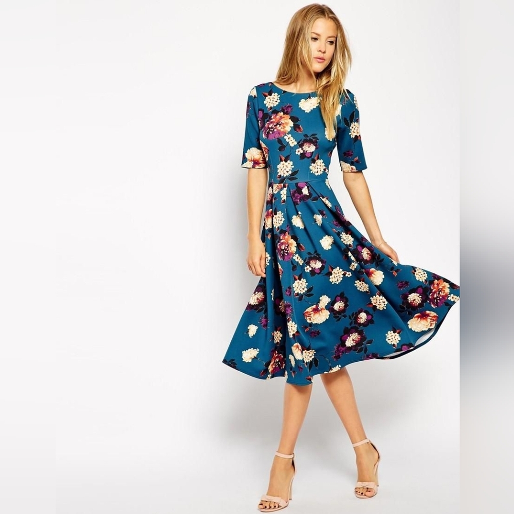 Closet London Teal Scuba Floral Midi Dress Size UK 10 (US 6)